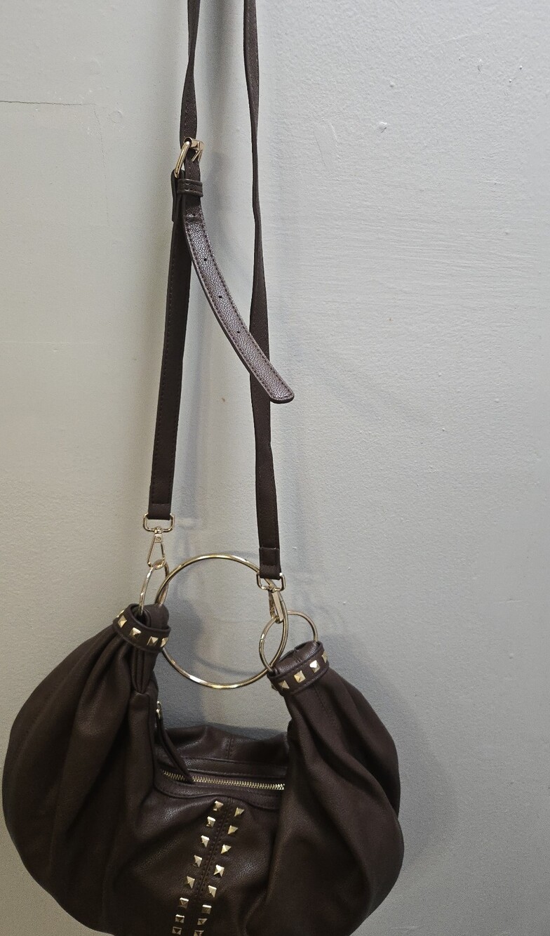Chocolate Brown Studded Shoulder Bag with Gold Ring Handles
